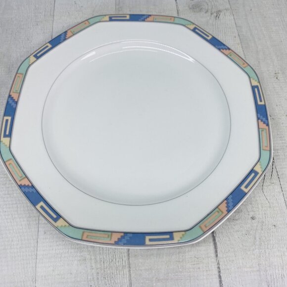 Christopher Stuart SOUTHWEST Green Blue Coral Rim White China Dinner Plate Set 4 - Picture 8 of 16